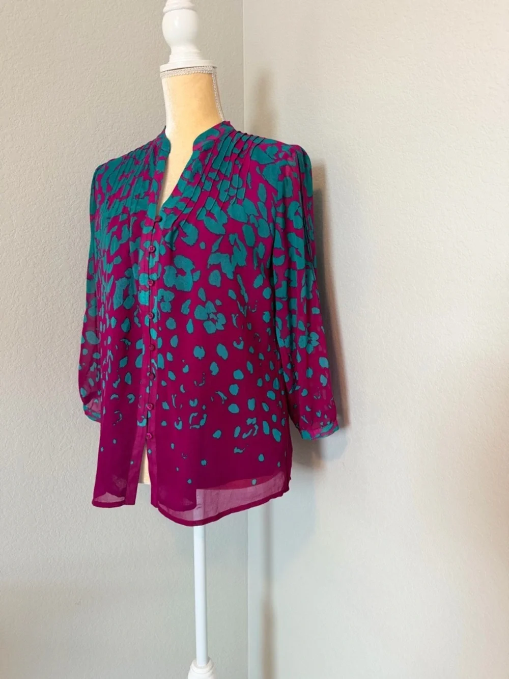 Calvin Klein Teal & Magenta Abstract Animal Print Chiffon Blouse - Picture 3 of 8